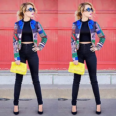 

New Womens floral printing Patchwork Classic Padded Bomber Jacket Vintage Slim Zip Up Biker Coat Jackets Fall Autumn