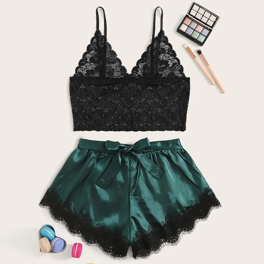 Top Elasticity Women's Bra Set Sexy Stylish Floral Lace Bralette Bowknot Satin Shorts Sleepwear Pajamas Nightwear Lingerie | Женская
