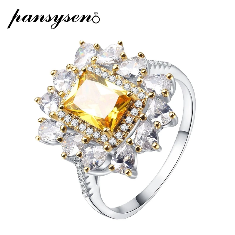

PANSYSEN Bohemia 100% 925 Sterling Silver Citrine Simulated Moissanite Gemstone Ring Cocktail Party Fine Jewelry Women Gifts