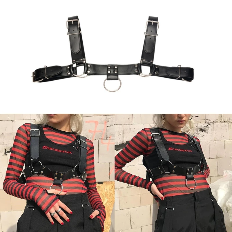 Body Chain Leather Rivets Belt Rock Roll Punk Costume Accesories Techwear Leather Buckle Vest Women Men Sexy Sleeveless M6CD