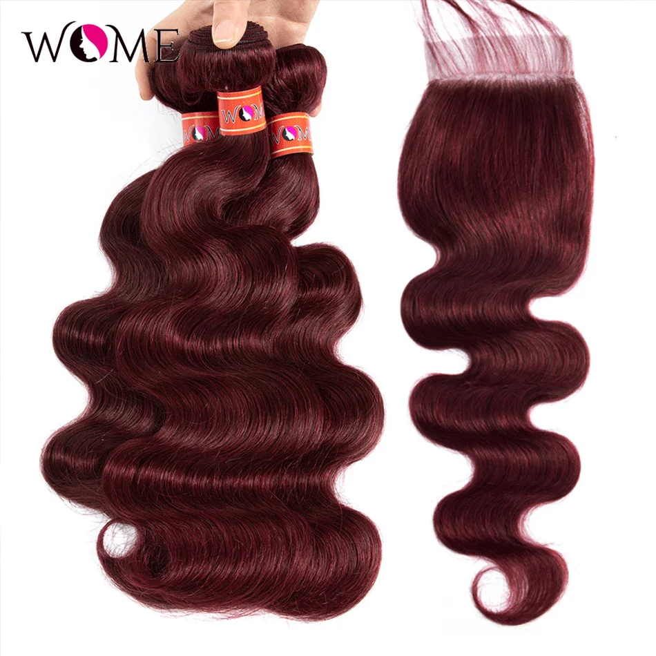 Бразильский 99j объемная волна бордовый пряди с закрытием Цветной 4x4 кружева