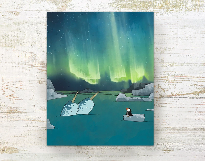 Художественная печать Aurora Borealis арктические животные нарвалы и пуфины Северное