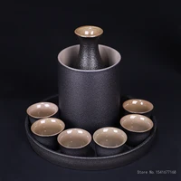 japanese style ceramic sake pot cup set black pottery liquor flask wine bottle cups tray 9pcsset