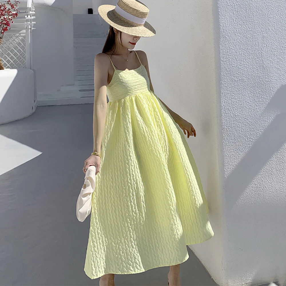 

Korean Version 2021 Summer Dress Fashion Vacation Casual Temperament Beach Yellow High Waist One Word Collar Sling Dress