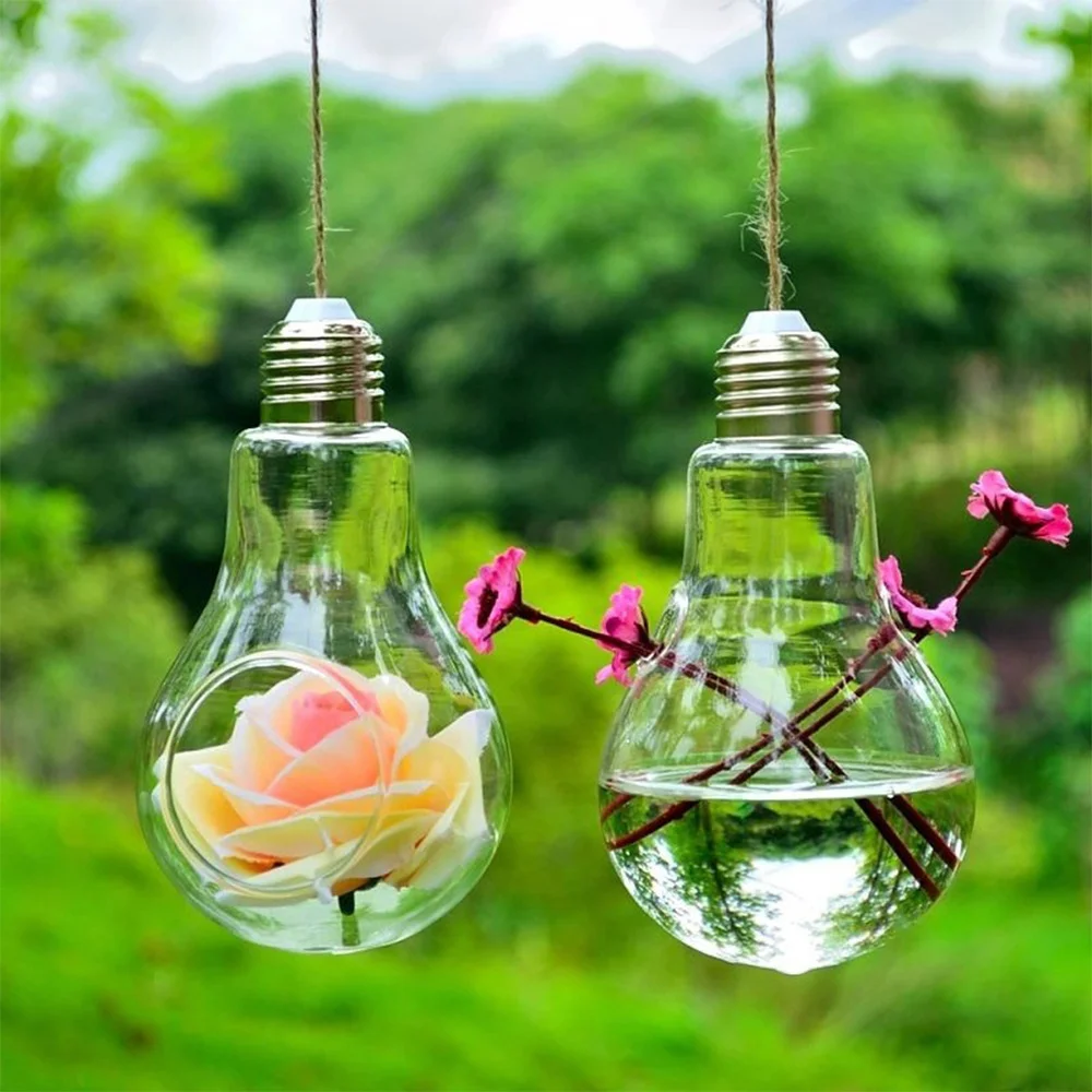 

3Pcs Light Bulb Shaped Glass Planters Wall Hanging Planters 2 Holes Round Glass Plant Pots Hanging Air Plant Pots Flower Vase wi