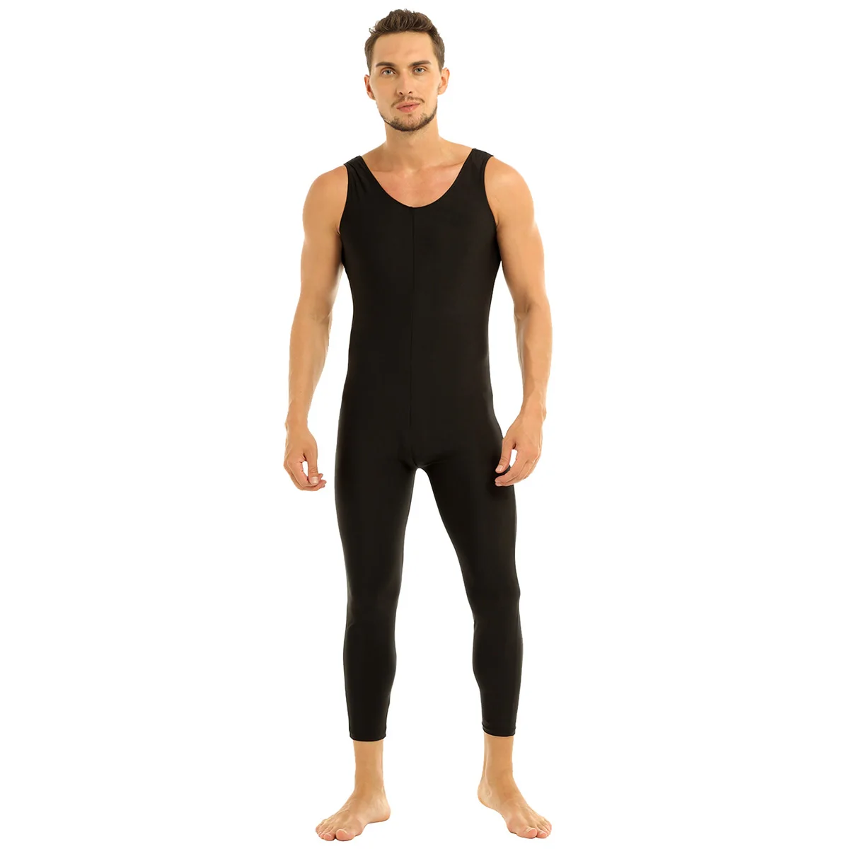 

Mens Adults Well Fit One Piece Bodysuit Jumpsuit Tight Scoop Neck Sleeveless Skin-Tight Solid Color Vest Unitard Dancewear