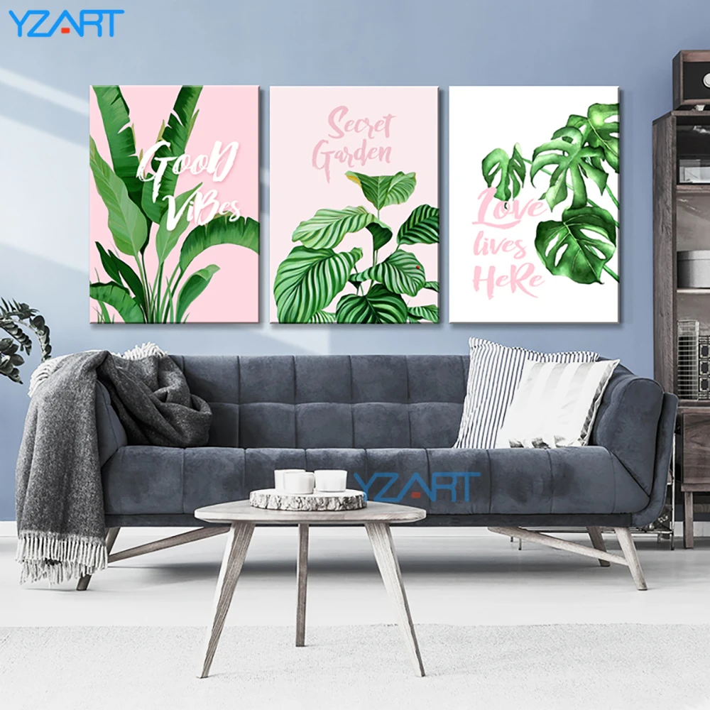 

3 Pcs Nordic Style Green Leaf Plant Pink Canvas Painting HD Print Poster Oil Painting Wall Art for Living Room Home Decoration