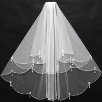 short white ivory bridal veils 2023 beading pearl edge ruffles with comb cheap wedding bride accessories