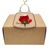 red rose real flower resin love handbag pendant gold color chain long necklace women boho fashion jewelry bohemian romantic