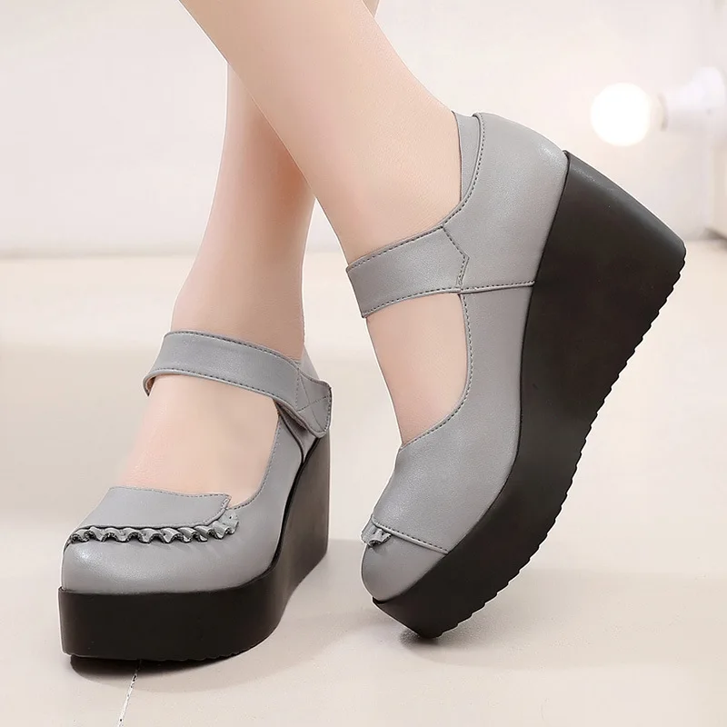 

Spring Autumn Women's Fashion High Heels Pumps Wedges Black Color Female Platform Shoes Casual Large Size 33-43 Leather Shoes