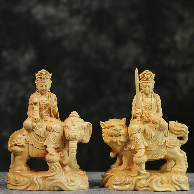 

Boxwood 12cm Manjushri Samantabhadra Sculpture Wood Carving Buddha Statue Home Decor