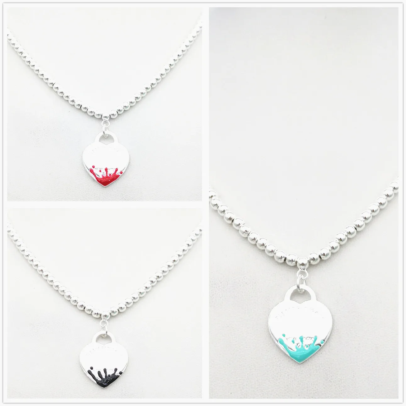 

Ladies S925 Sterling Silver Classic Cyan Red Pink Heart-shaped Enamel 4mm Round Bead Silver Necklace Jewelry Couple Holiday Gift