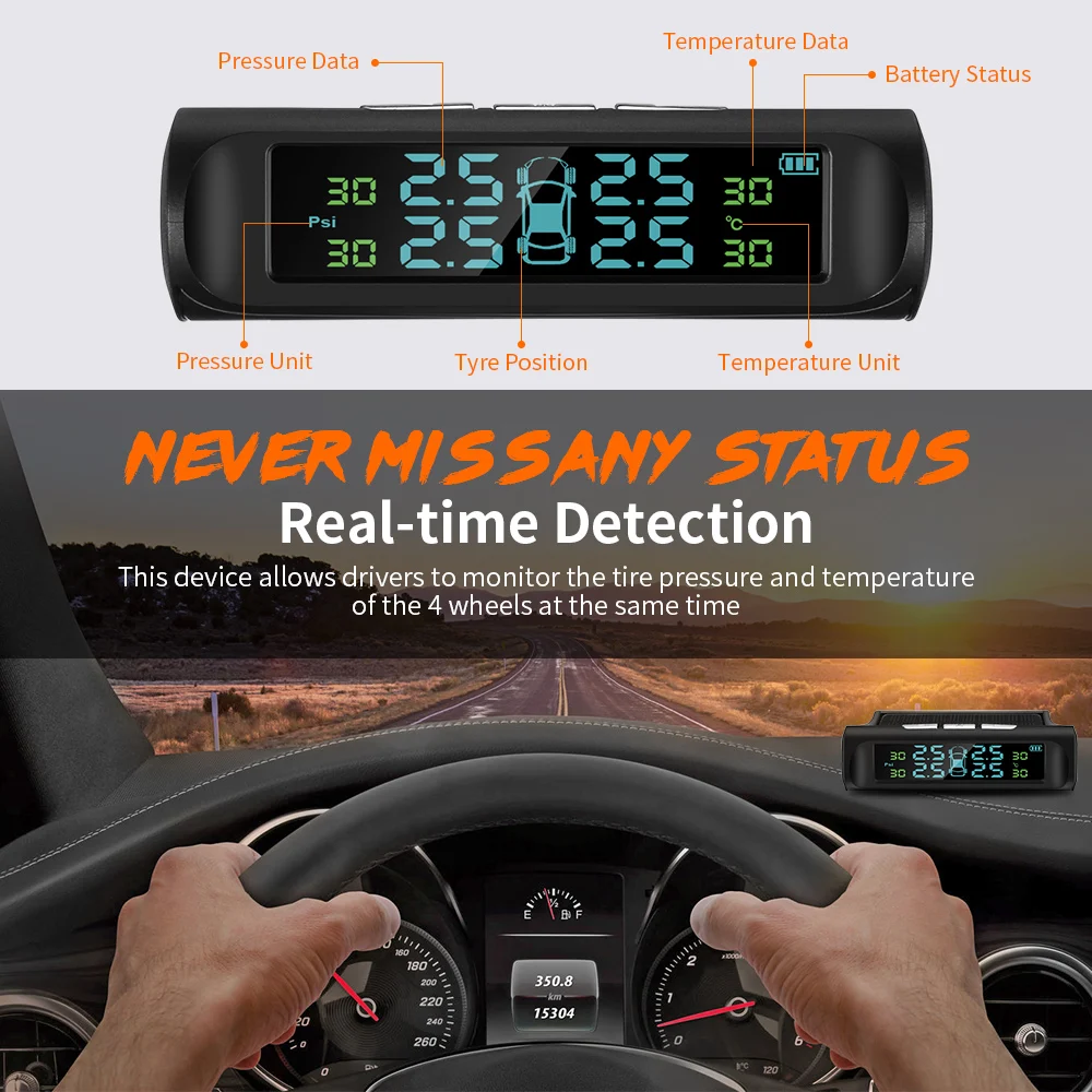 C240 Солнечная энергия TPMS Универсальная беспроводная система контроля давления в шинах в реальном времени 4 внешних/внутренних TPMS датчика