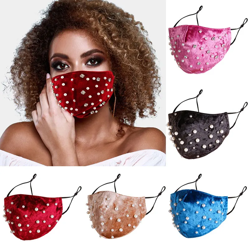 

New Velvet Luxury Pearl Masquerade Mask Women Fashion Dust Mask Bling Rhinestone Masks Face Party Accessories Jewelry Decoration