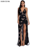kaunissina sexy cocktail dress sequined party gown v neck spaghetti strap backless high slit long homecoming vestidos robes