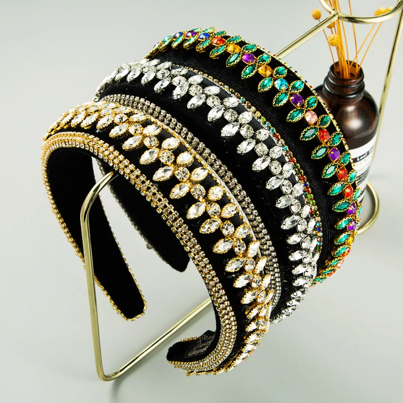 

Luxury Baroque Sparkly Padded Rhinestones Headbands Full Crystal Hairbands Wide Headwear White Hair Accessories Women Wholesale