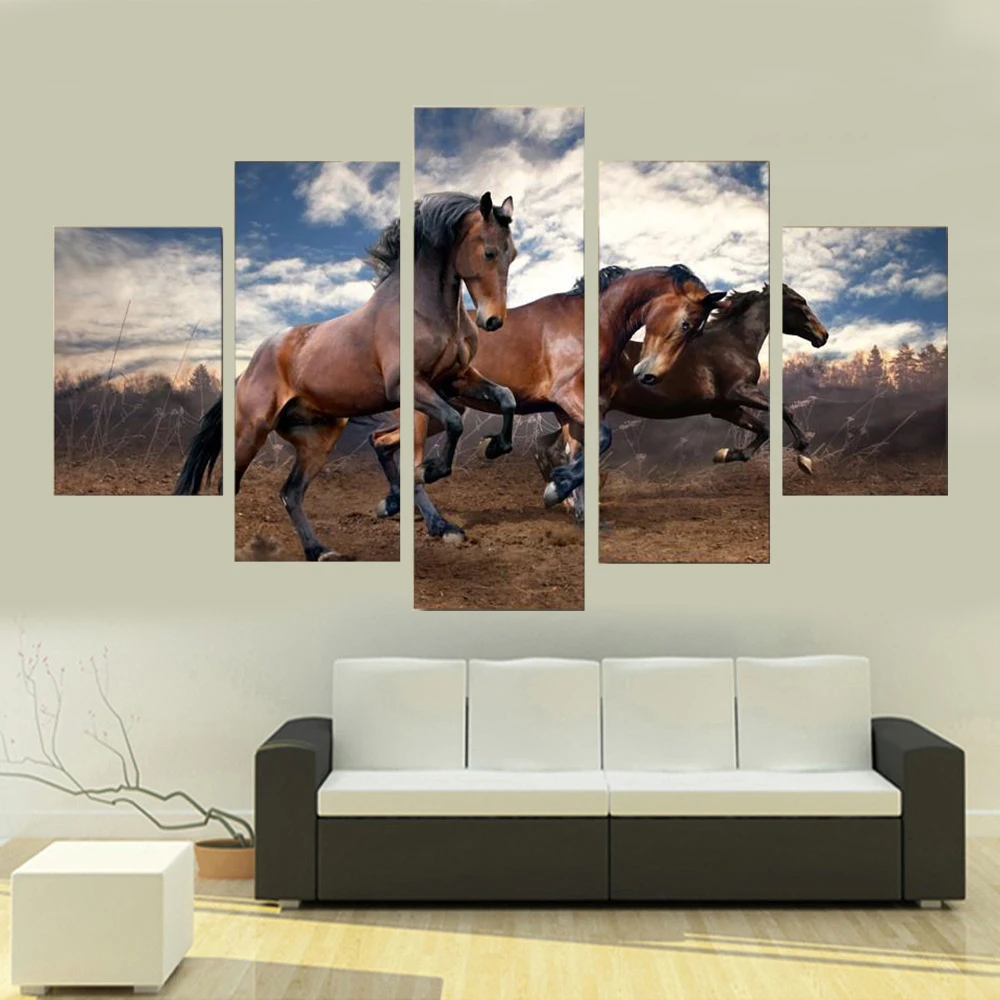 

5 Piece Wall Art Canvas Painting Animal Three Horses Running Poster Modern Home Decor Living Room Modular Prant Picture