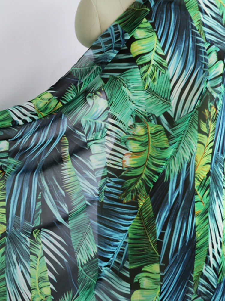 Ткань из зеленого шифона с принтом больших растений и листьев|material fabric|chiffon material