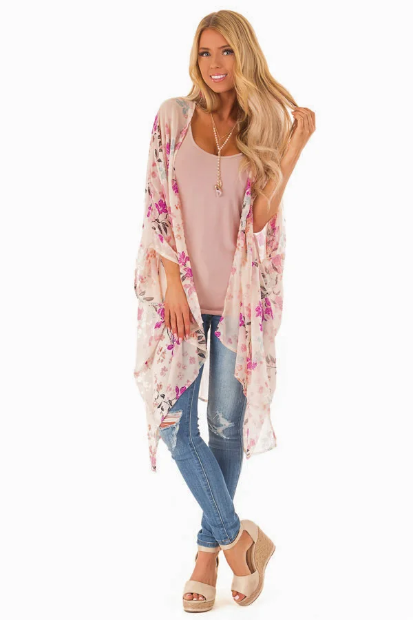 

Autumn 2019 New Amazon wish source print medium length women's cardigan chiffon blouse