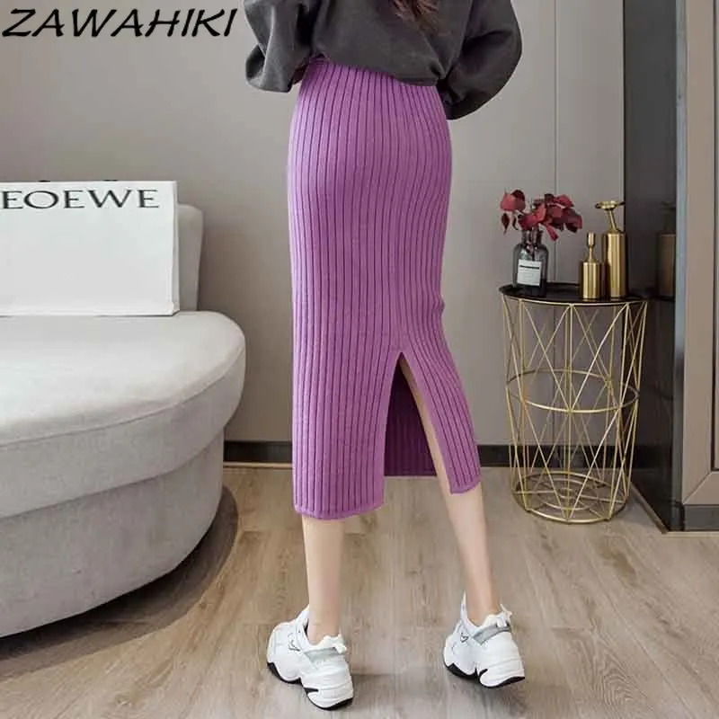 

ZAWAHIKI Split Autumn Faldas Mujer New Style Female Solid High Waist Purple Hip Sweater Skirt Mid-length One-step Knit Skirts