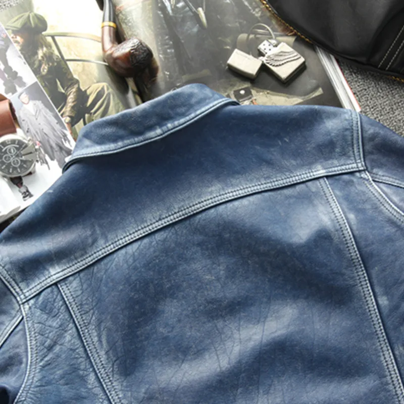 

2021 Vintage Blue Japan Casual Style Genuine Leather Jacket Men Large Size 4XL Real Natural Cowhide Spring Slim Fit Short Coat