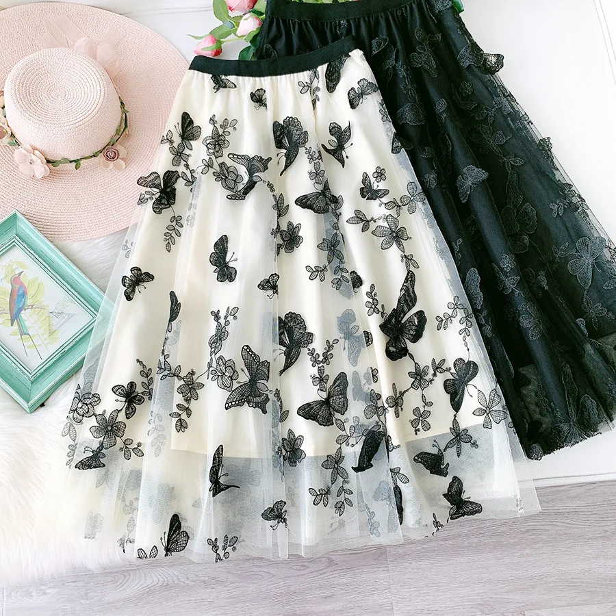 

New heavy industry embroidery fairy skirt butterfly skirt mid-length mesh A-line tutu skirt