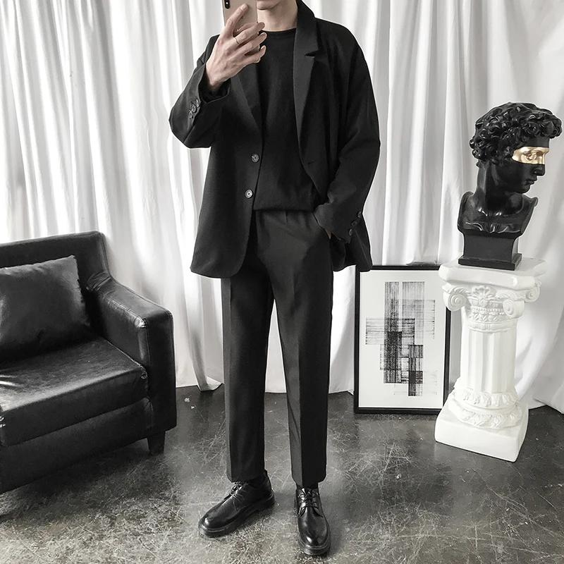 

2021 Spring Men's Korean Solid Black Casual Blazers Suit Jackets Clothes Single Western Loose Coat Fitted Cotton Outerwear S-5XL