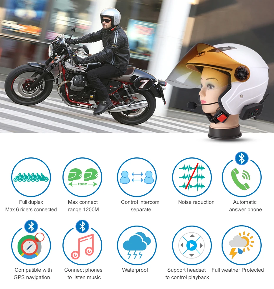 Fodsports металлический зажим+ 2 шт V6 Pro BT переговорные 1200 м Мотоциклетный Bluetooth шлем гарнитура для 6 Rider 850mah