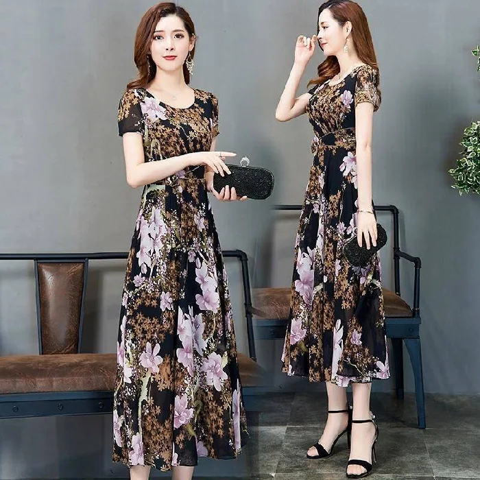 

2020 New Summer Women's Floral Dress Ladies Printing O-neck Dresses Short Sleeve Dresses Ankle Length Summer Dresses Size M-3xl