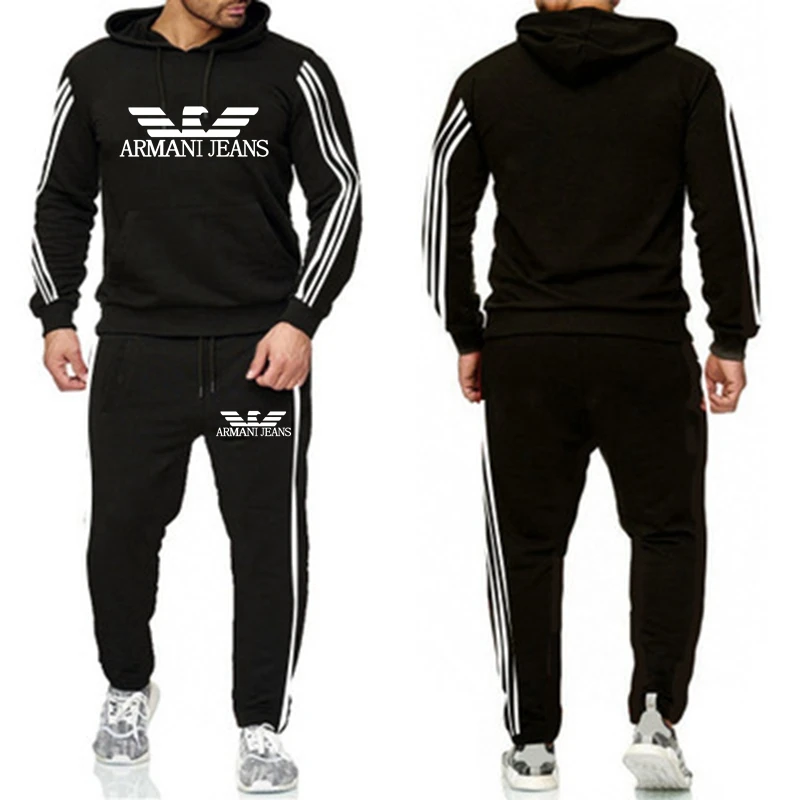 

Brand men's drawstring hoodie and pants patchwork striped clothing outdoor sports suit autumn 2 pcs