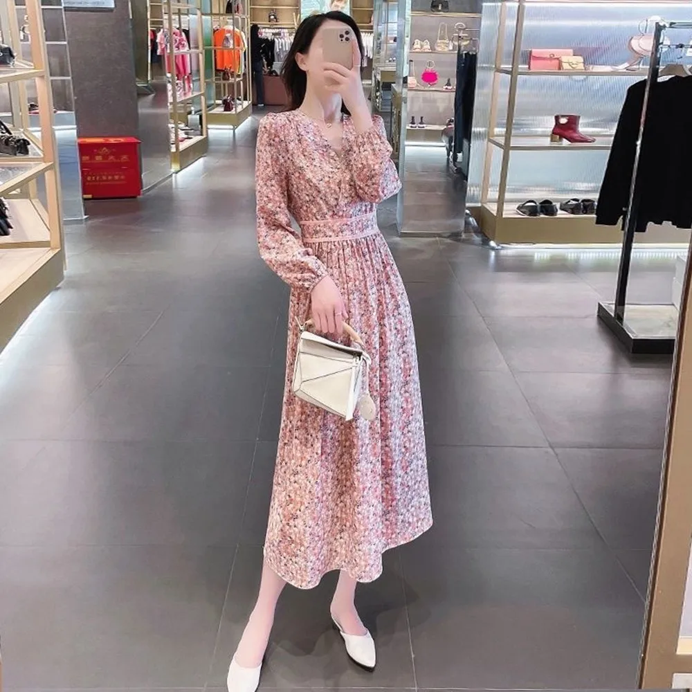 

Oversize Women Fashion Elegant Sweet Floral Korean Dress Long Sleeve Waist V-neck A-line Mid-cilf Dress Office Lady Dating Party