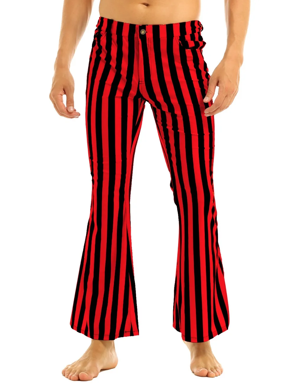 Adult Men Vintage Striped Long Pants Male Retro Mid Waist Elastic Flares Trousers Homme Party Stage Dance Costume Club Clothing