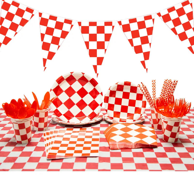 Красно белая одноразовая посуда для гоночных машин вечерние принадлежности