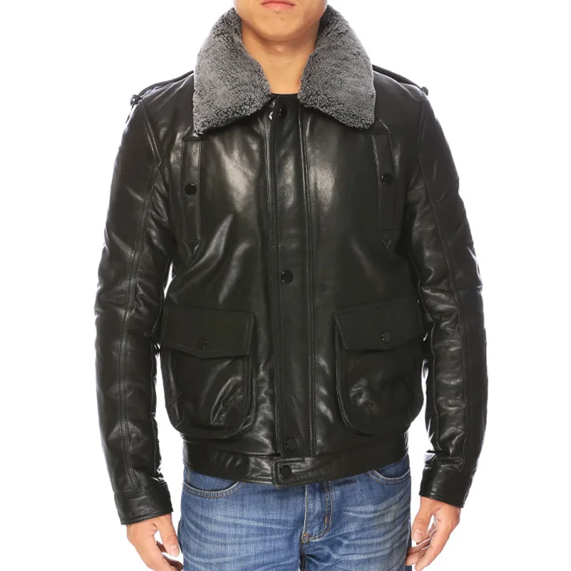

leather Casual winter jakcet men black sheepskin wool collar leather coat men thick pilot jacket for men