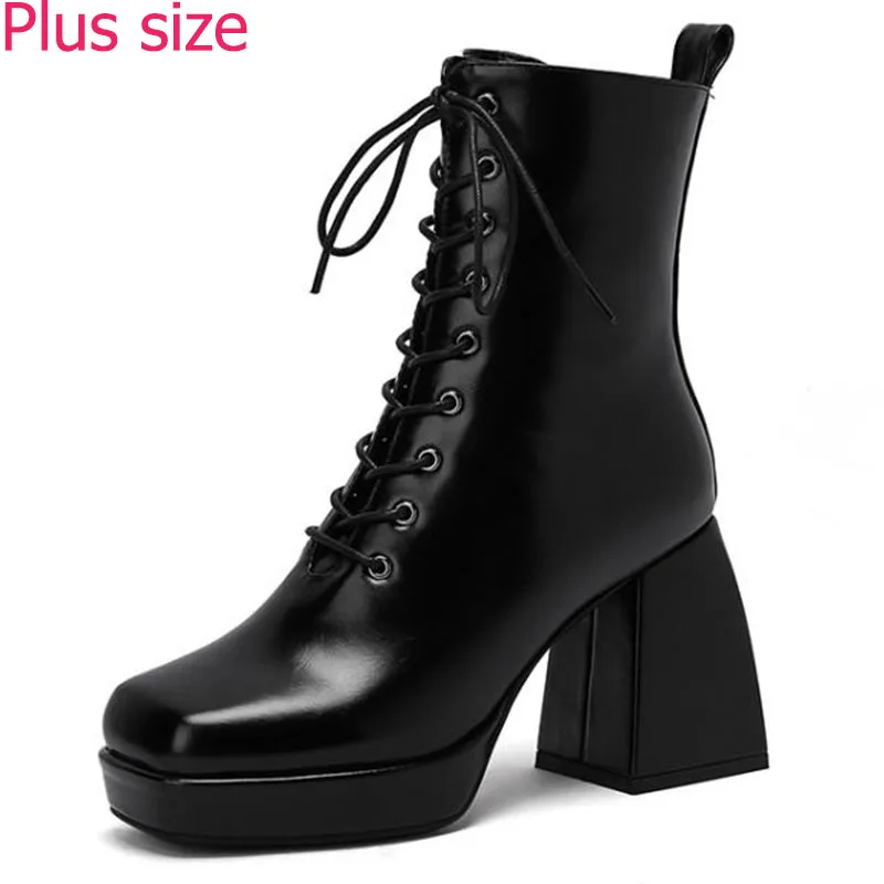 

2021 Fashion Square Toe Platform Women Boots Pu Leather Chunky High Heel Ankle Boots Autumn Winter Lacing Woman Boots Punk Shoes