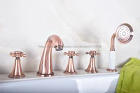 Widespread Antique Red Copper Bathroom Tub Faucet 3 handle 5 hole Deck Mounted Hand Shower Sprayer Ntf198