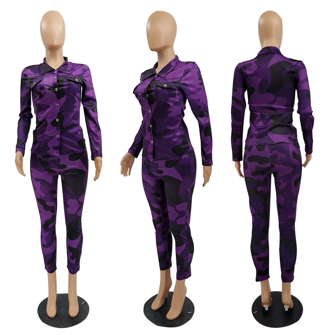 

two piece outfits for women camouflage print button up shirt+full pants matching sets Military style african clothes for women