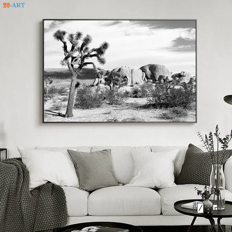 Черно белый пейзаж холст живопись кактус художественные принты плакат Дорожная