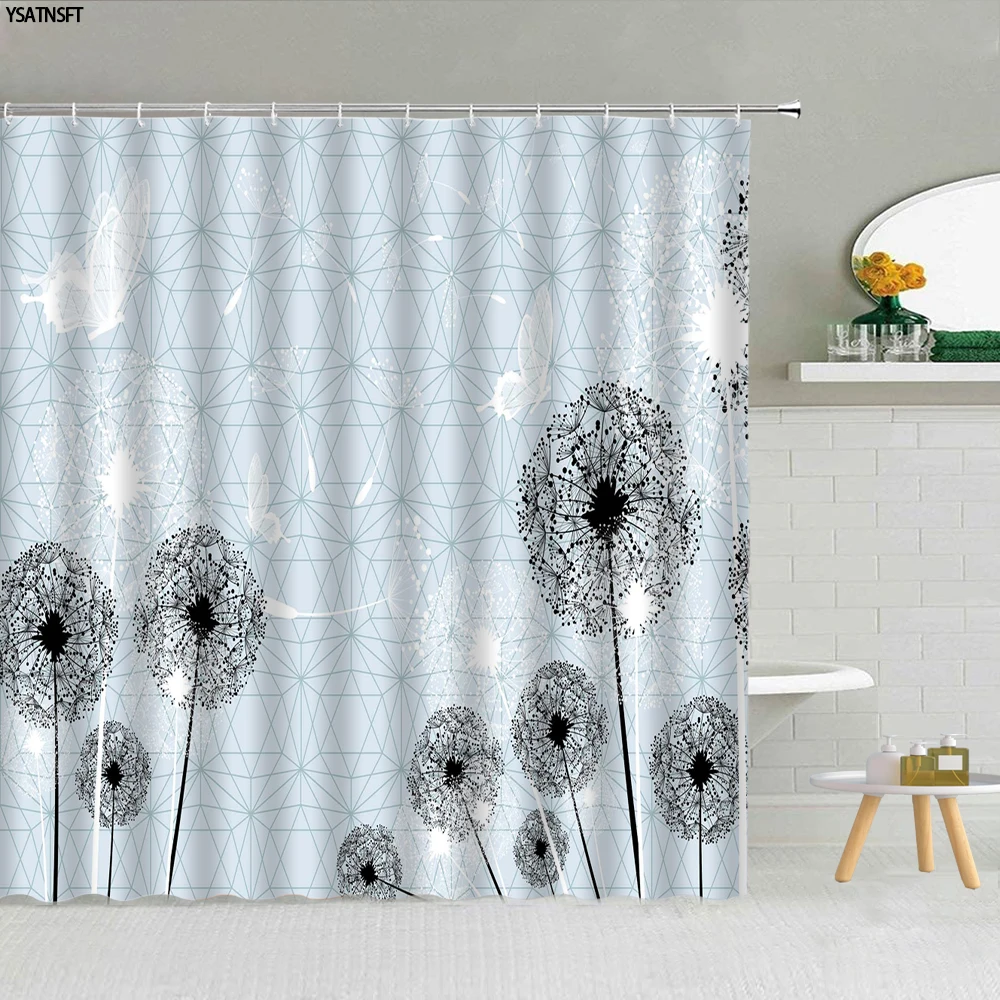 

Flower Dandelion Water Drops Shower Curtain Blue Geometric Background Butterfly Bathroom Curtains Fabric Bath Screen Home Decor