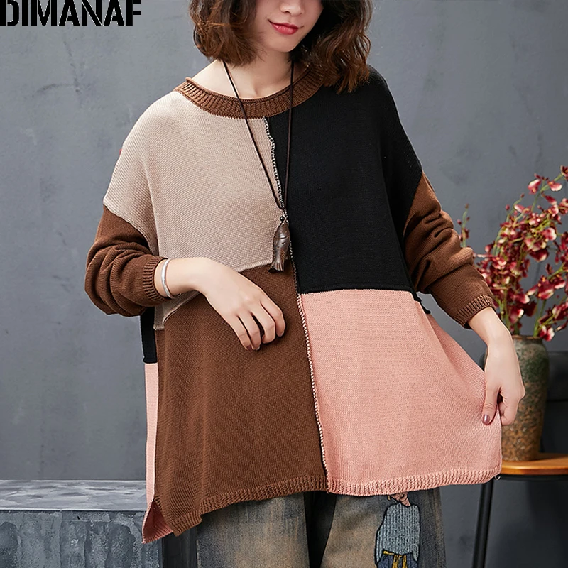 Женский винтажный свитер DIMANAF свободный трикотажный Толстый Пуловер оверсайз в