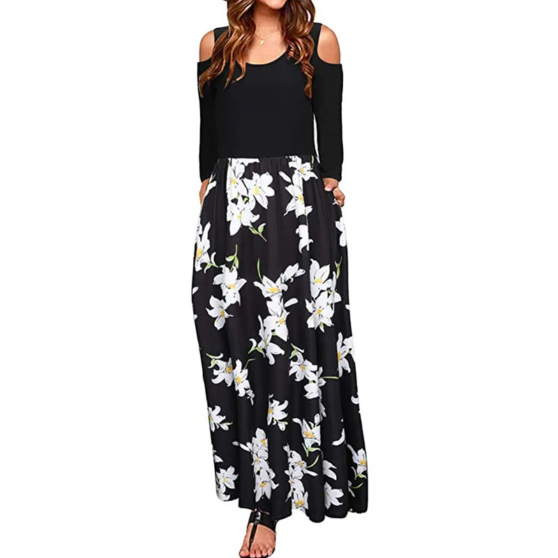 

AECU сексуальные женские повседневные Длинные платья для женщин с открытыми плечами с печатным рисунком и длинным рукавом Макси платье в бог...