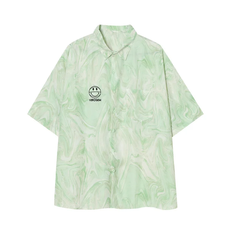 

New Summer Style Tie-Dye Short Sleeve Shirt Men's Smiley Embroidered Loose Trendy Shirt M6-H-8078