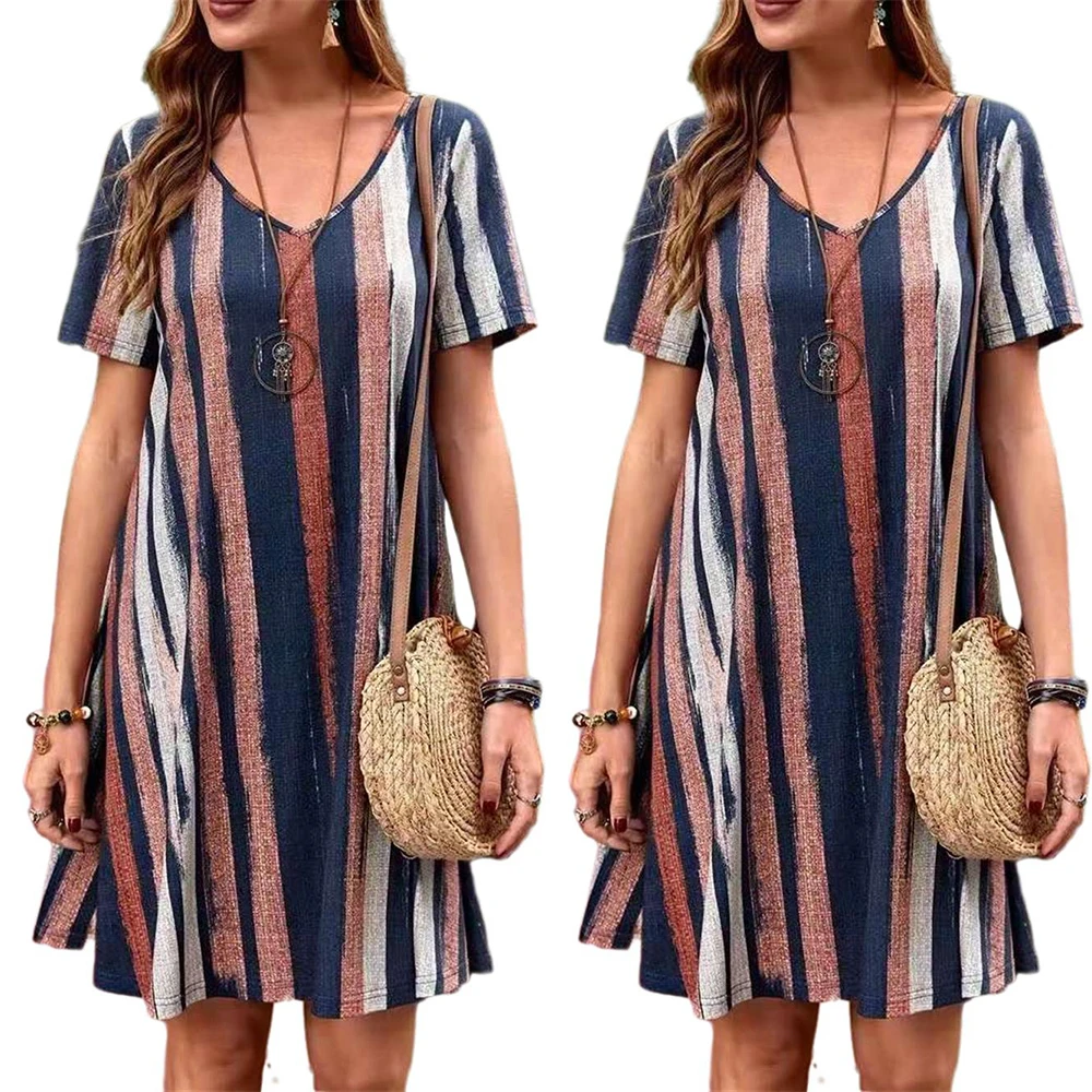 

Casual Striped Print Medium-Long V-neck Dress with Short Sleeves for Women Keen-length Online Trend Hot Sale Women's Dresses