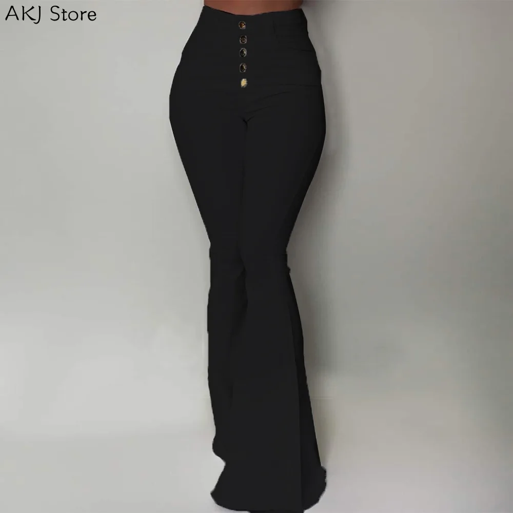 

Women Solid Slim Buttoned Bell-Bottom High Waist Pants