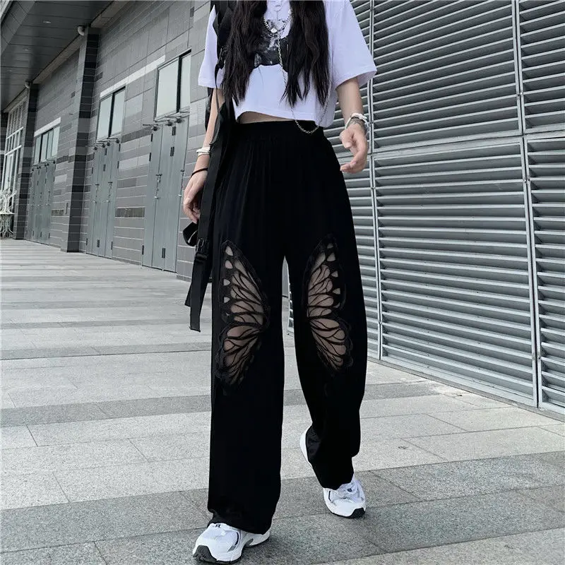 

Pants women's early spring Korean black casual pants loose hollow out butterfly straight tube Leggings large sports pants