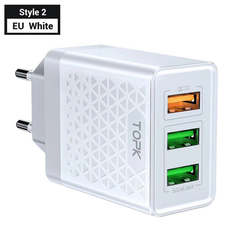EU White for Style 2 TOPK B348Q Quick Charge 3,0 USB Зарядное устройство QC3.0 быстрой зарядки нескольких Зарядное устройство для samsung S10 Xiaomi Mi9 путешествия Сетевое зарядное устройство для телефона - Тип штекера: EU White for Style 2