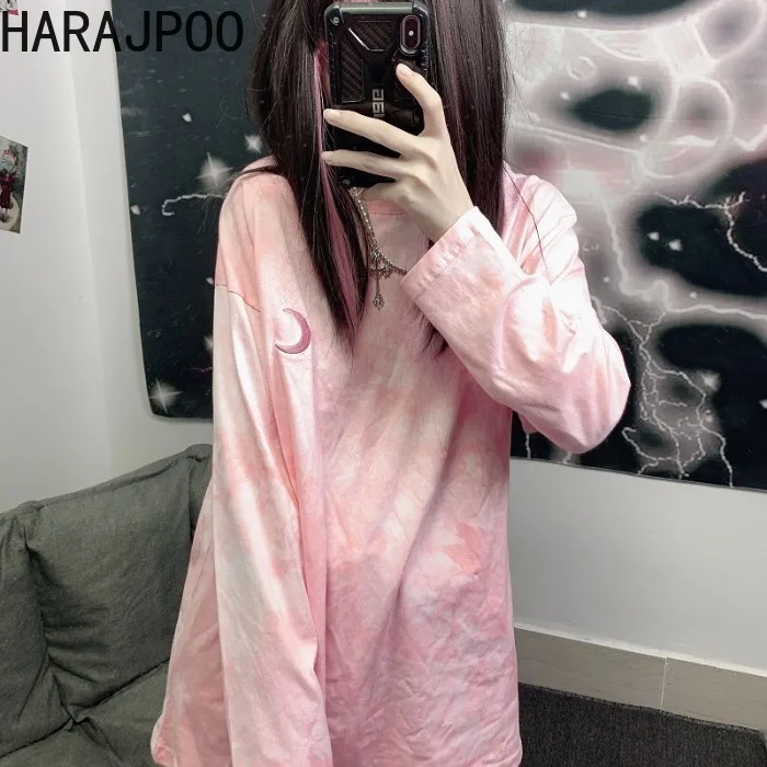 

Женские футболки Harajpoo, весна-осень 2021, Модные свободные пуловеры с длинным рукавом и вышивкой в виде Луны, в Корейском стиле, в стиле ретро, д...