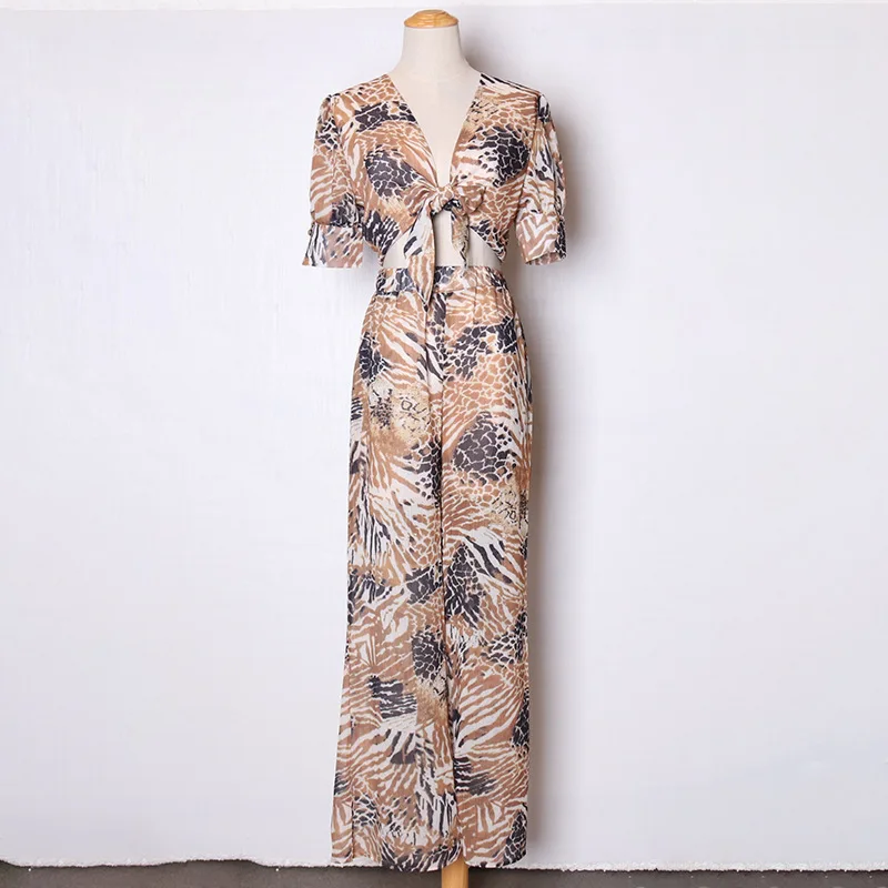 Женские брюки наборы цветочный принт Обрезанные Топы и высокая талия