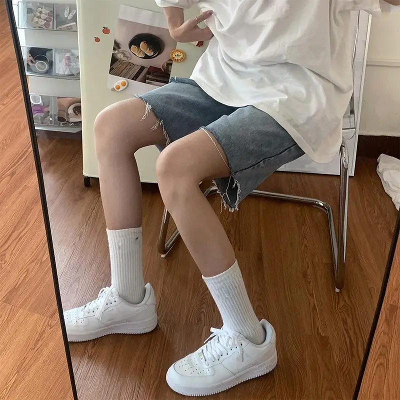 

Hole jeans women's summer 2021 new Korean high waist wide leg straight pants loose versatile Capris shorts