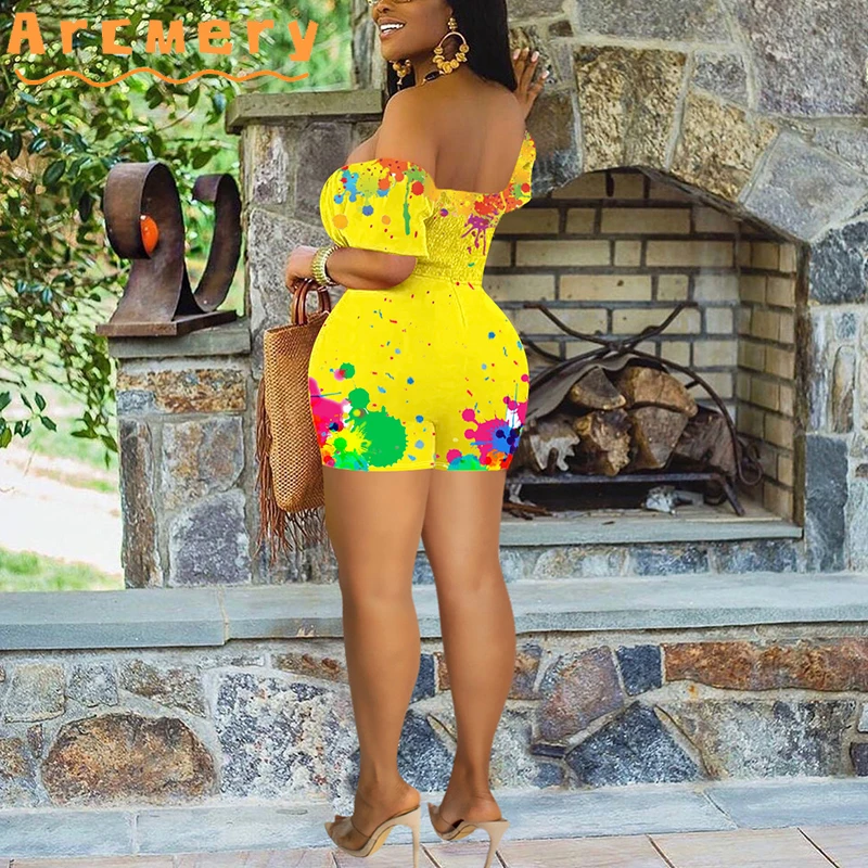 

Abstract Painting Printed Two Piece Suits Off Shoulder Tube Top & Bodycon Shorts Set